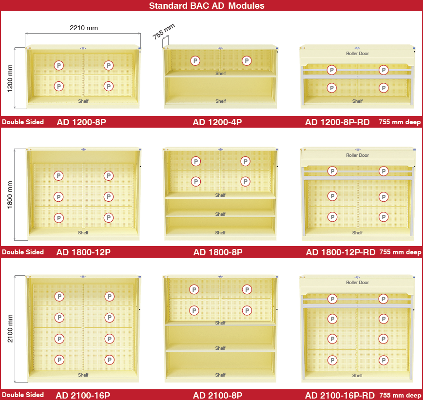 Standard AD Series Display Module Configurations - with longspan shelving and toolrack display panels with accessories