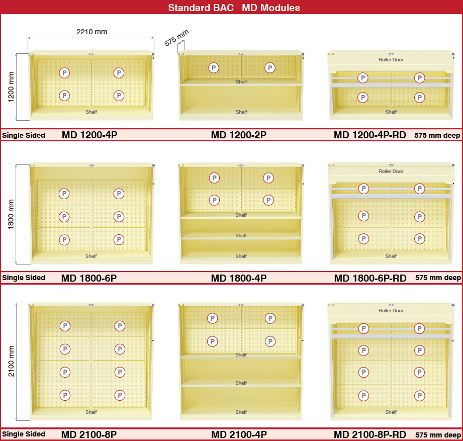 Standard AD Series Display Module Configurations - with longspan shelving and toolrack display panels with accessories