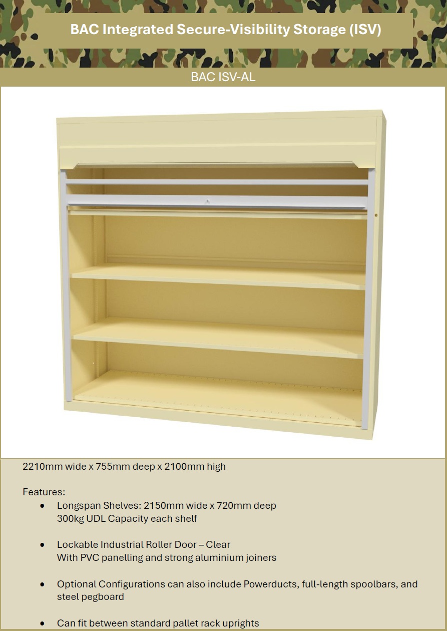 BAC Integrated Secure-Vision Storage - ISV-AL - Robust lockable longspan with clear roller door for secure auditing | Defence Q-Store Storage | Defence Logistics Storage