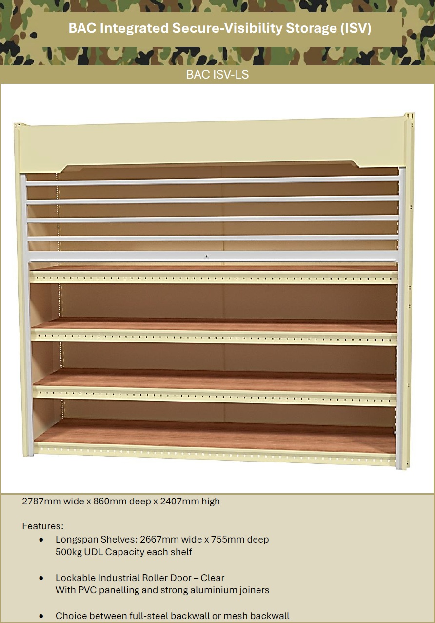 BAC Integrated Secure-Vision Storage - ISV-LS - Robust lockable longspan with clear roller door for secure auditing | Defence Q-Store Storage | Defence Logistics Storage