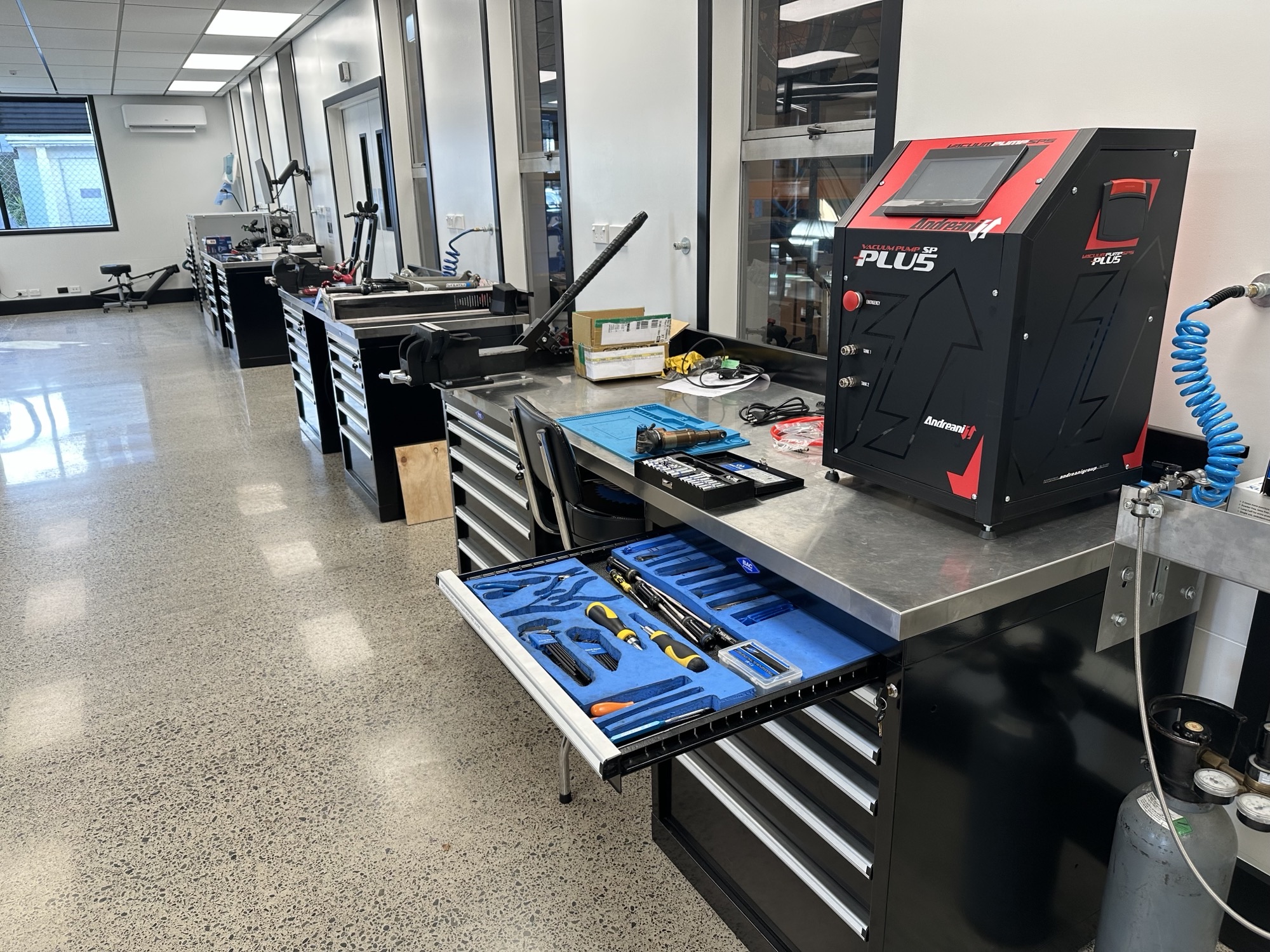 BAC Workbenches in a Bicycle Repair Workshop, with drawers configured to suit the tools and parts required