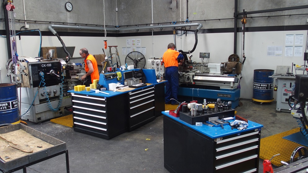 A busy engineering workshop relying upon BAC Drawer Storage to keep tools and consumables conveniently close to the machines