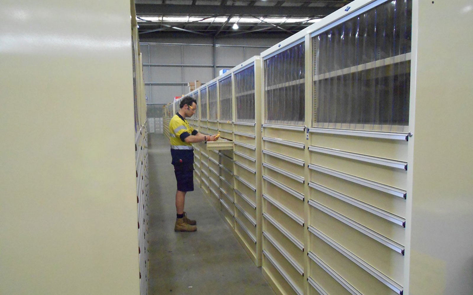 High-Density Storage Modules with Dust Control Curtains at Top