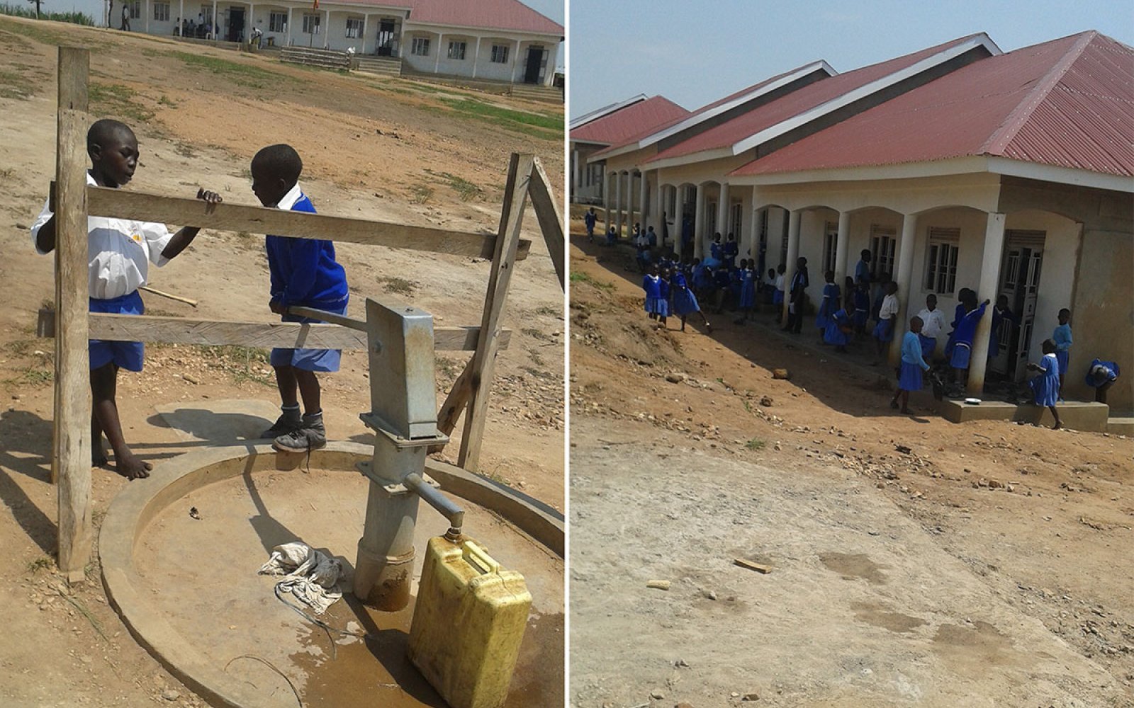 'Saint Klaus' Trade School for 410 students nearing completion, with children from the Orphanage at the new well